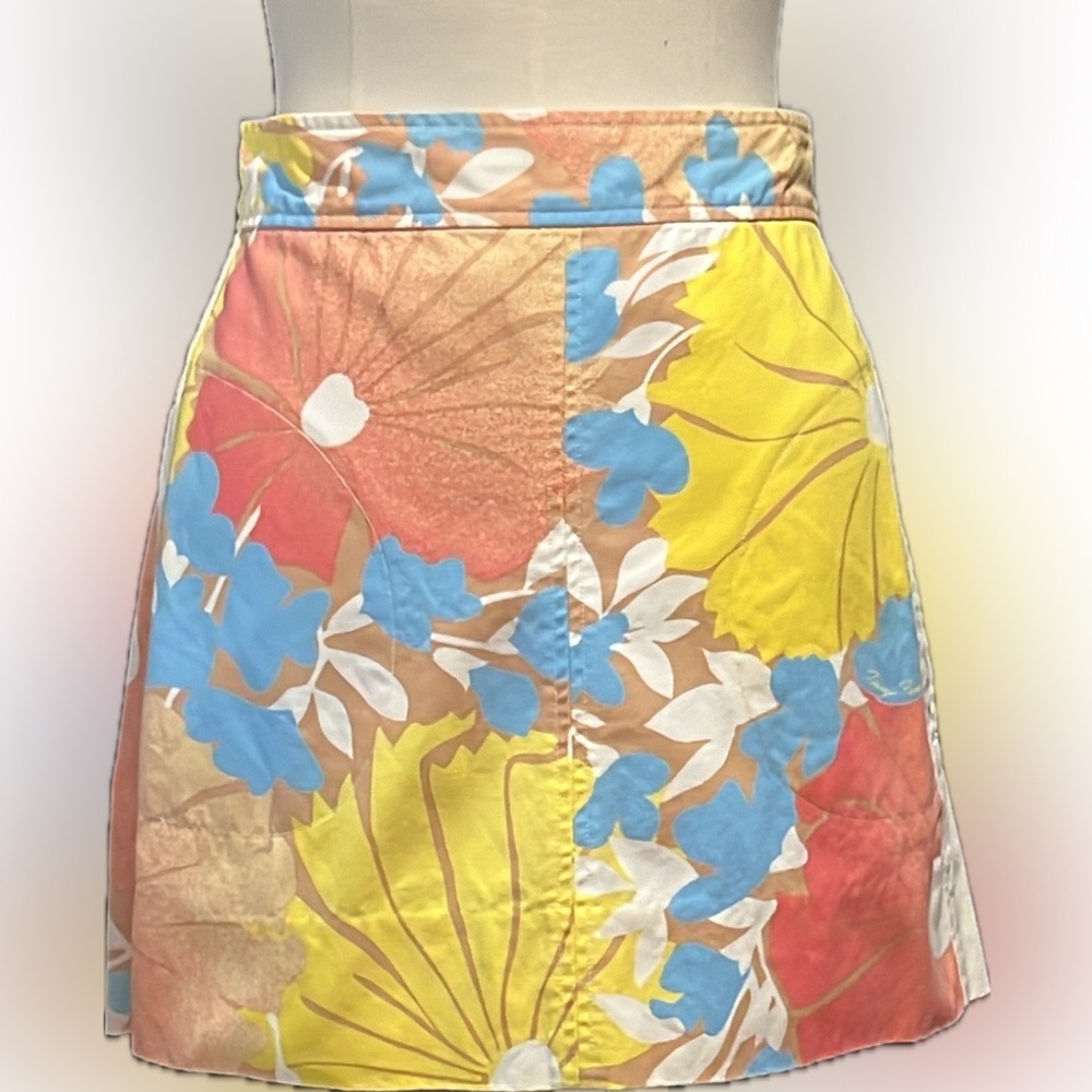Tracy Feith vintage hi-waist print mini skirt w/pockets, exposed zipper back-EUC